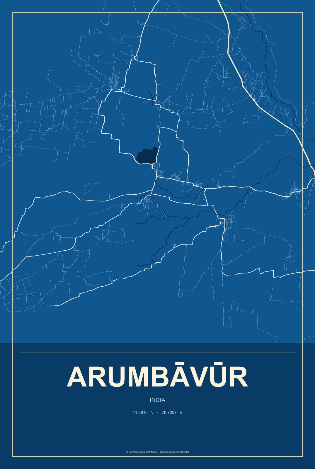 Arumbāvūr, India City Map Aluminum Sign in Harbor Cobalt style