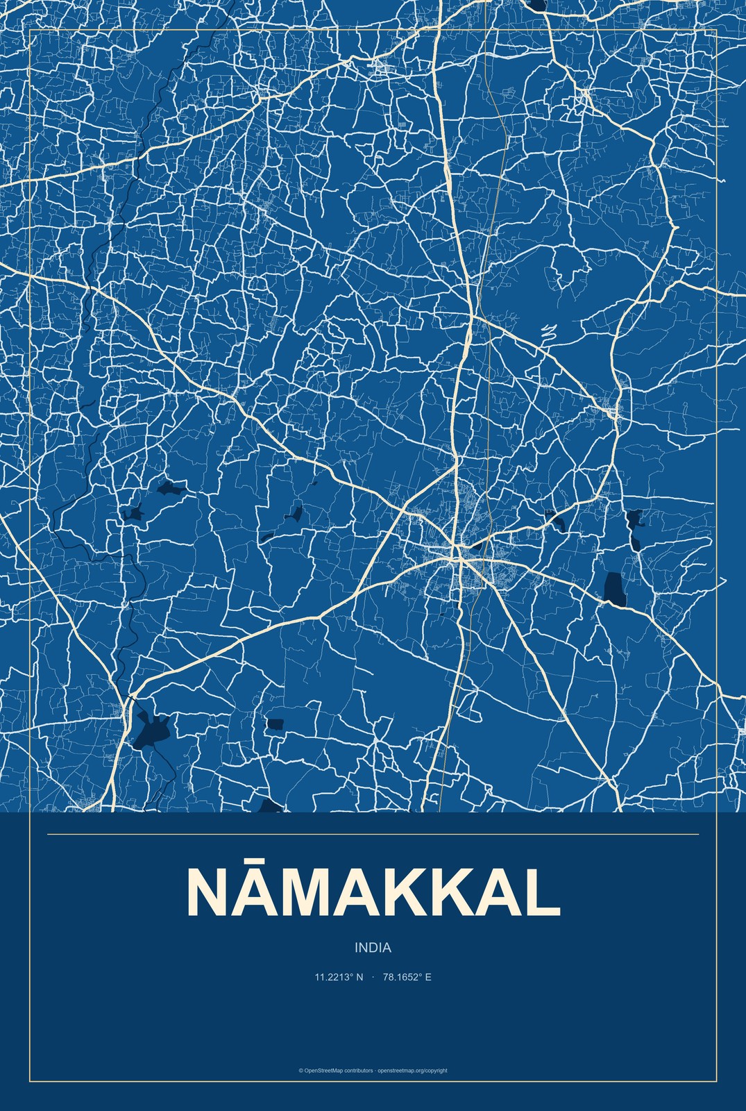 Nāmakkal, India City Map Aluminum Sign in Harbor Cobalt style