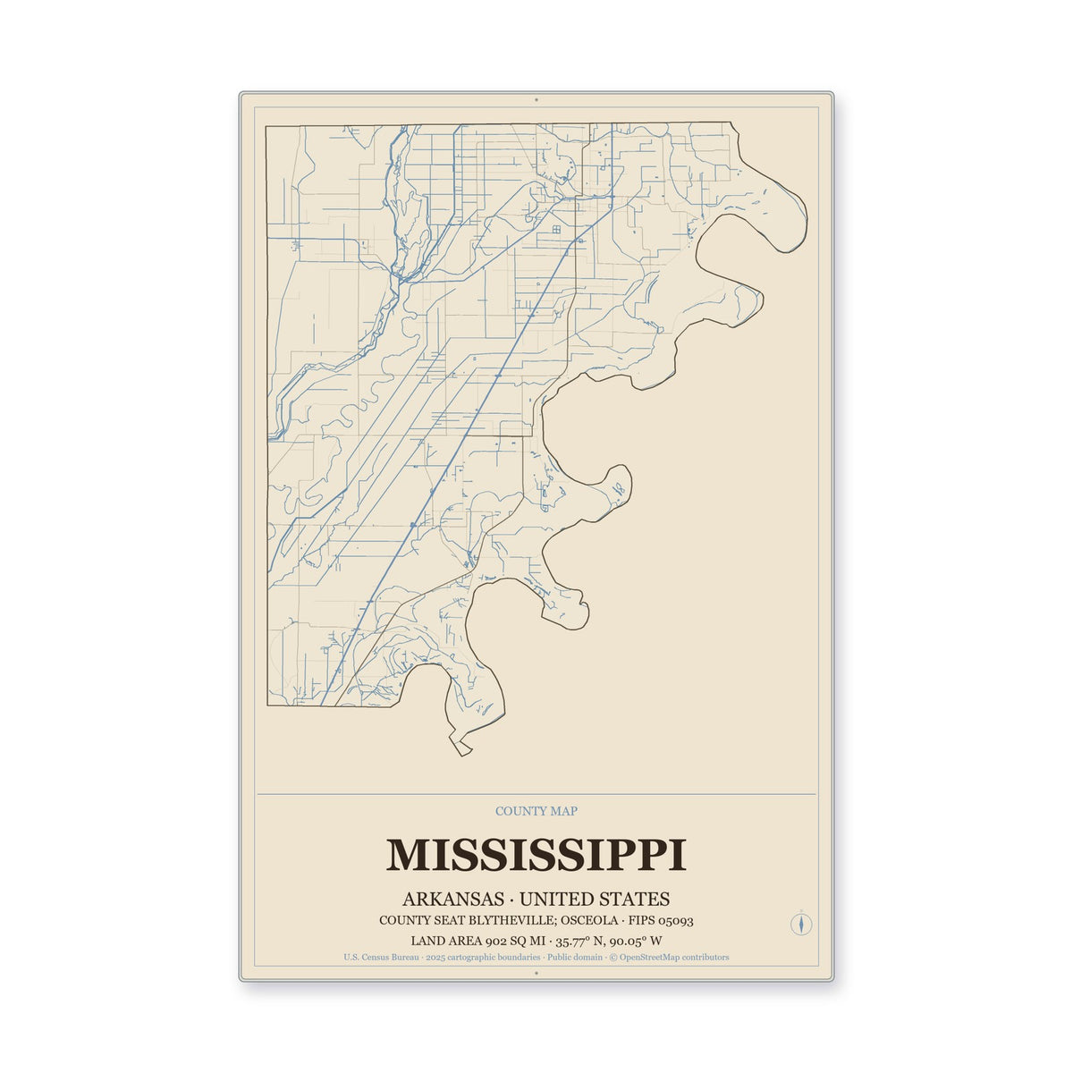 Mississippi County, Arkansas Map Aluminum Sign in Heritage Nautical style