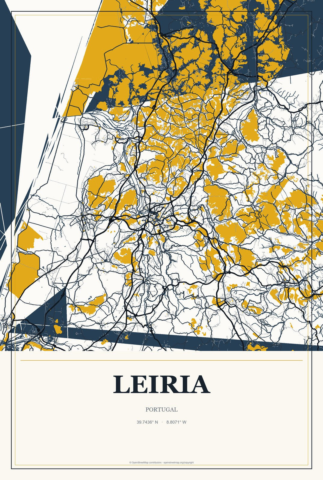 Leiria, Portugal City Map Aluminum Sign in Citrine Modern style