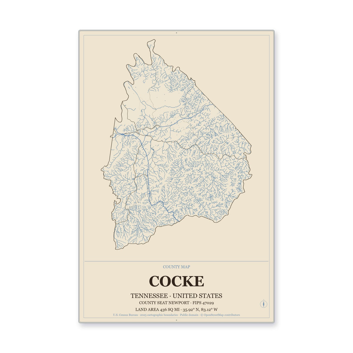 Cocke County, Tennessee Map Aluminum Sign in Heritage Nautical style