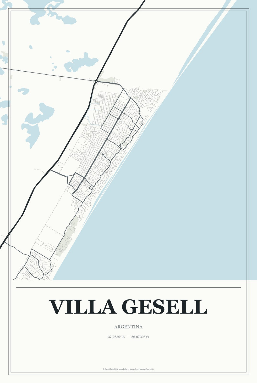 Villa Gesell, Argentina City Map Aluminum Sign in Gallery Air style