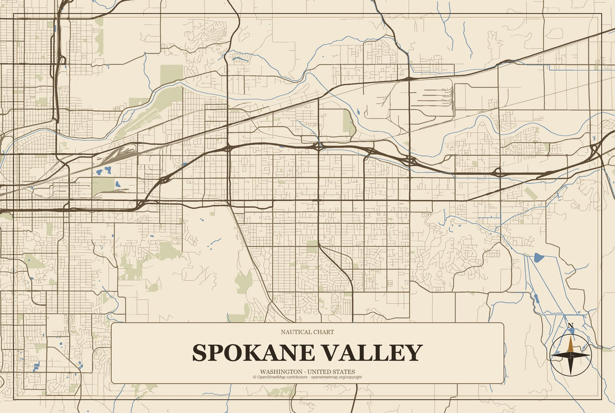 Spokane Valley, Washington City Map Aluminum Sign in Heritage Nautical style