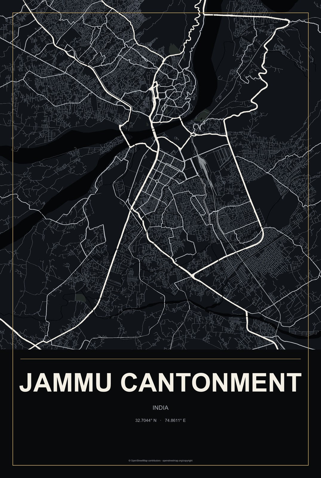 Jammu Cantonment, India City Map Aluminum Sign in Metropolitan Noir style