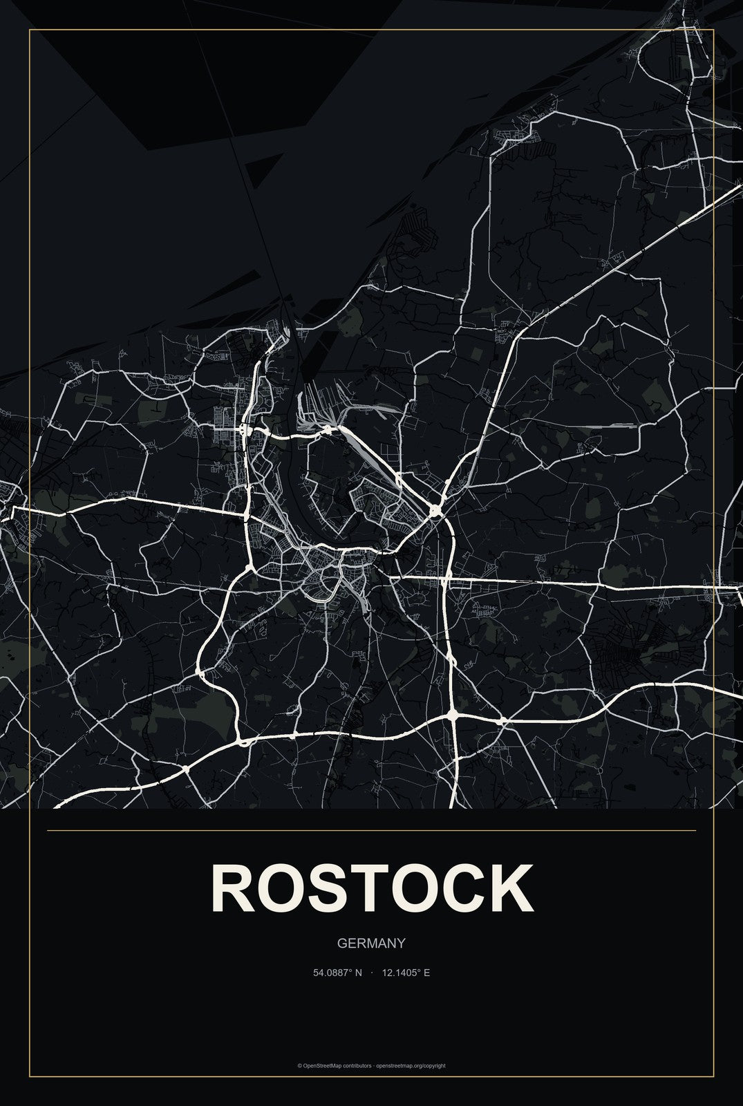 Rostock, Germany City Map Aluminum Sign in Metropolitan Noir style