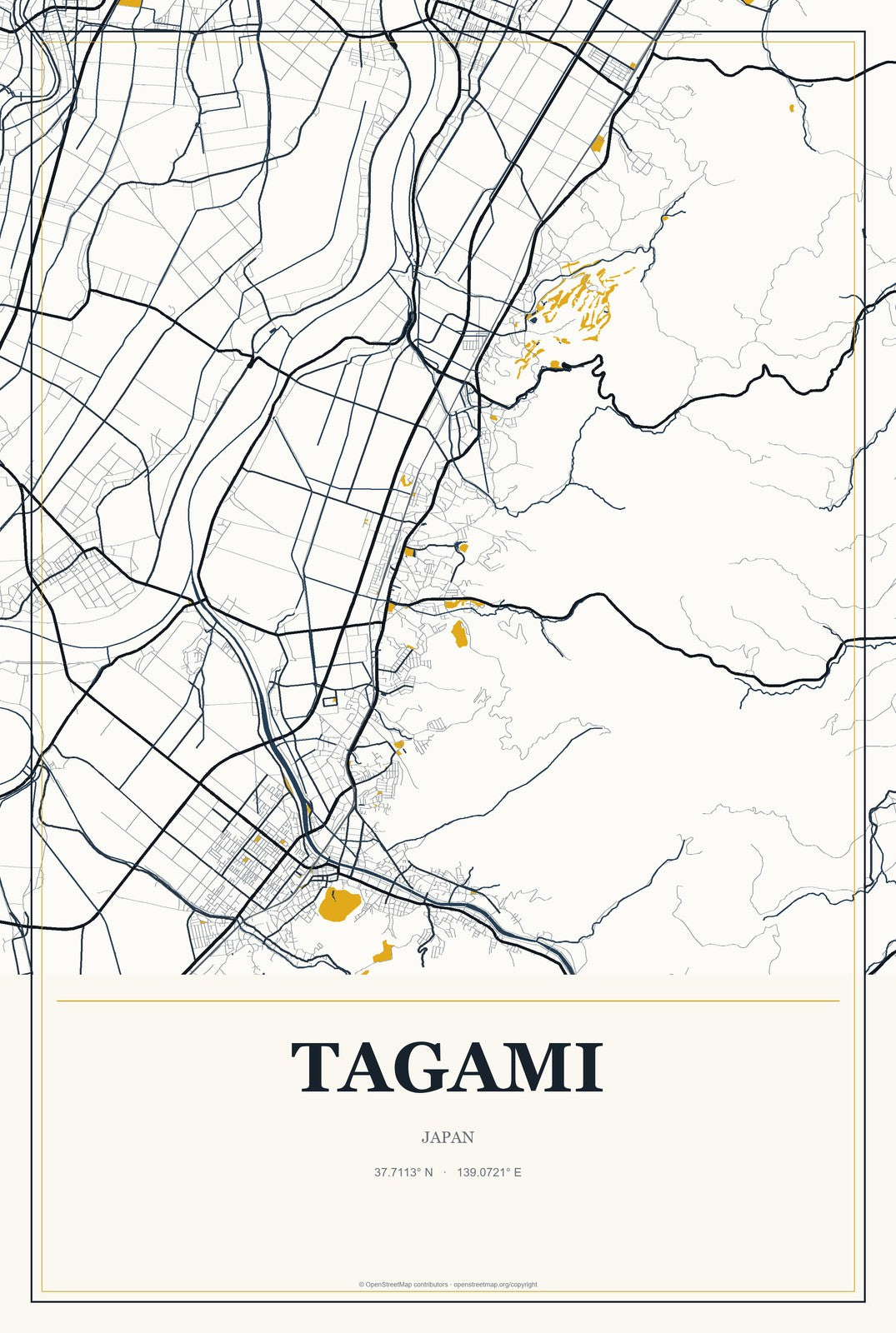 Tagami, Japan City Map Aluminum Sign in Citrine Modern style