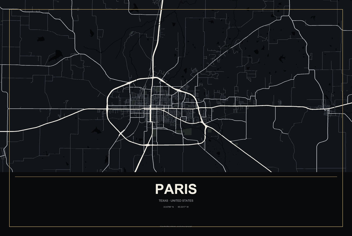Paris, Texas City Map Aluminum Sign in Metropolitan Noir style