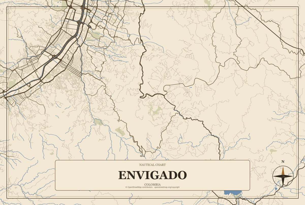 Envigado, Colombia City Map Aluminum Sign in Heritage Nautical style