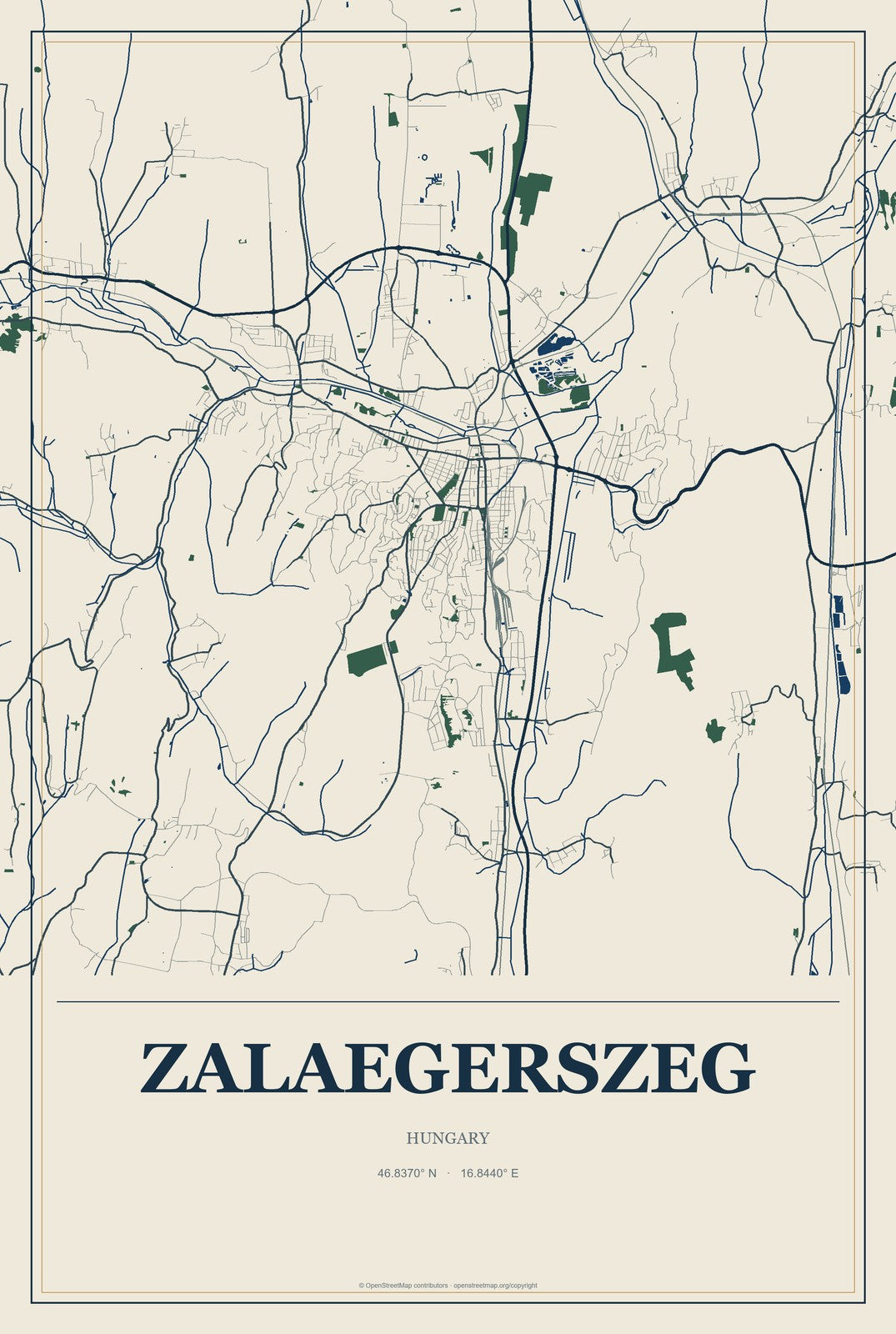 Zalaegerszeg, Hungary City Map Aluminum Sign in Coastal Cutout style