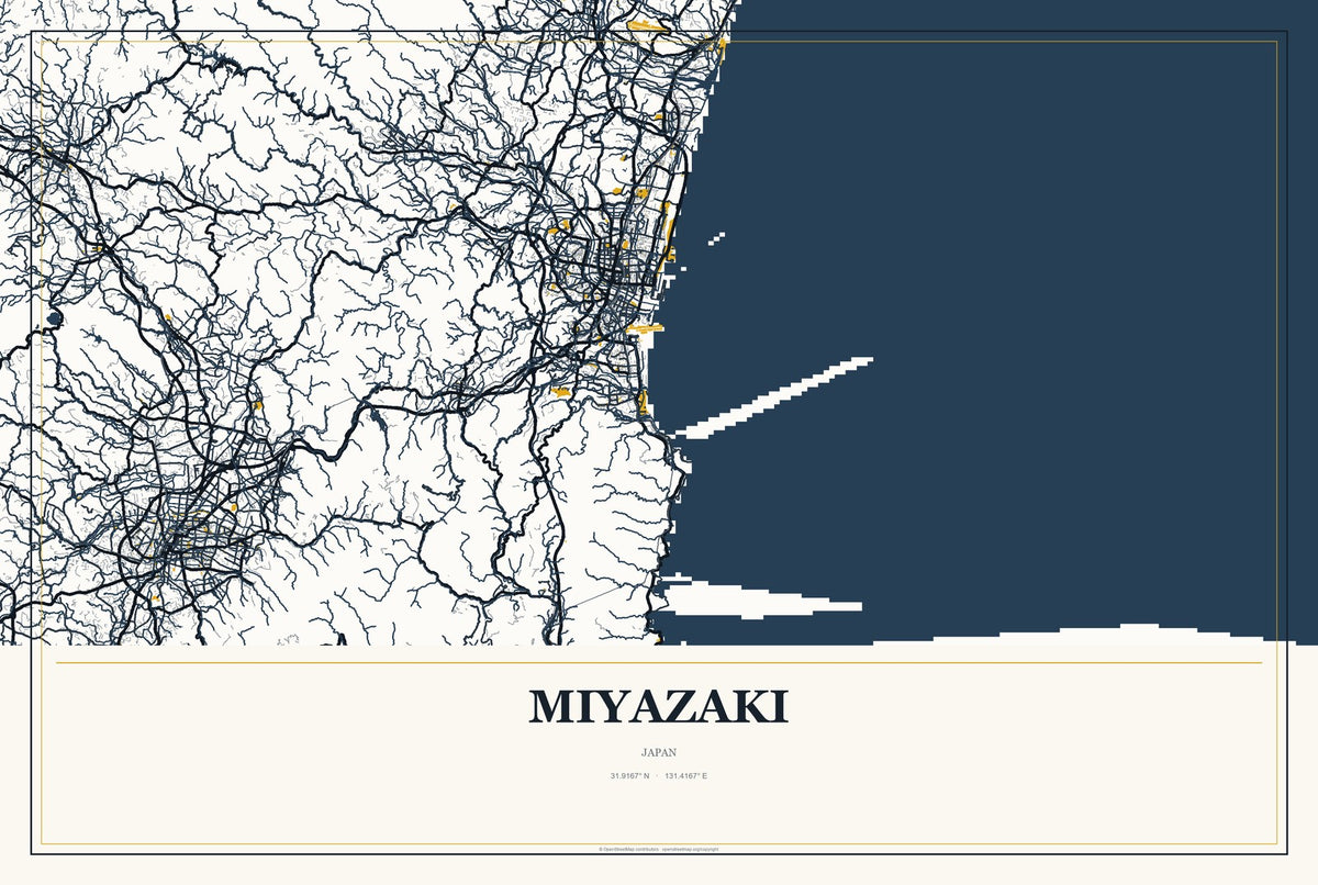 Miyazaki, Japan City Map Aluminum Sign in Citrine Modern style
