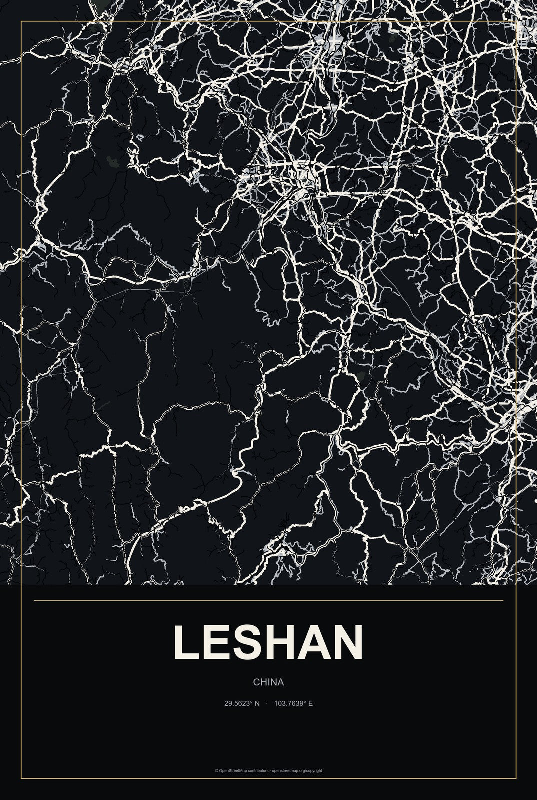 Leshan, China City Map Aluminum Sign in Metropolitan Noir style