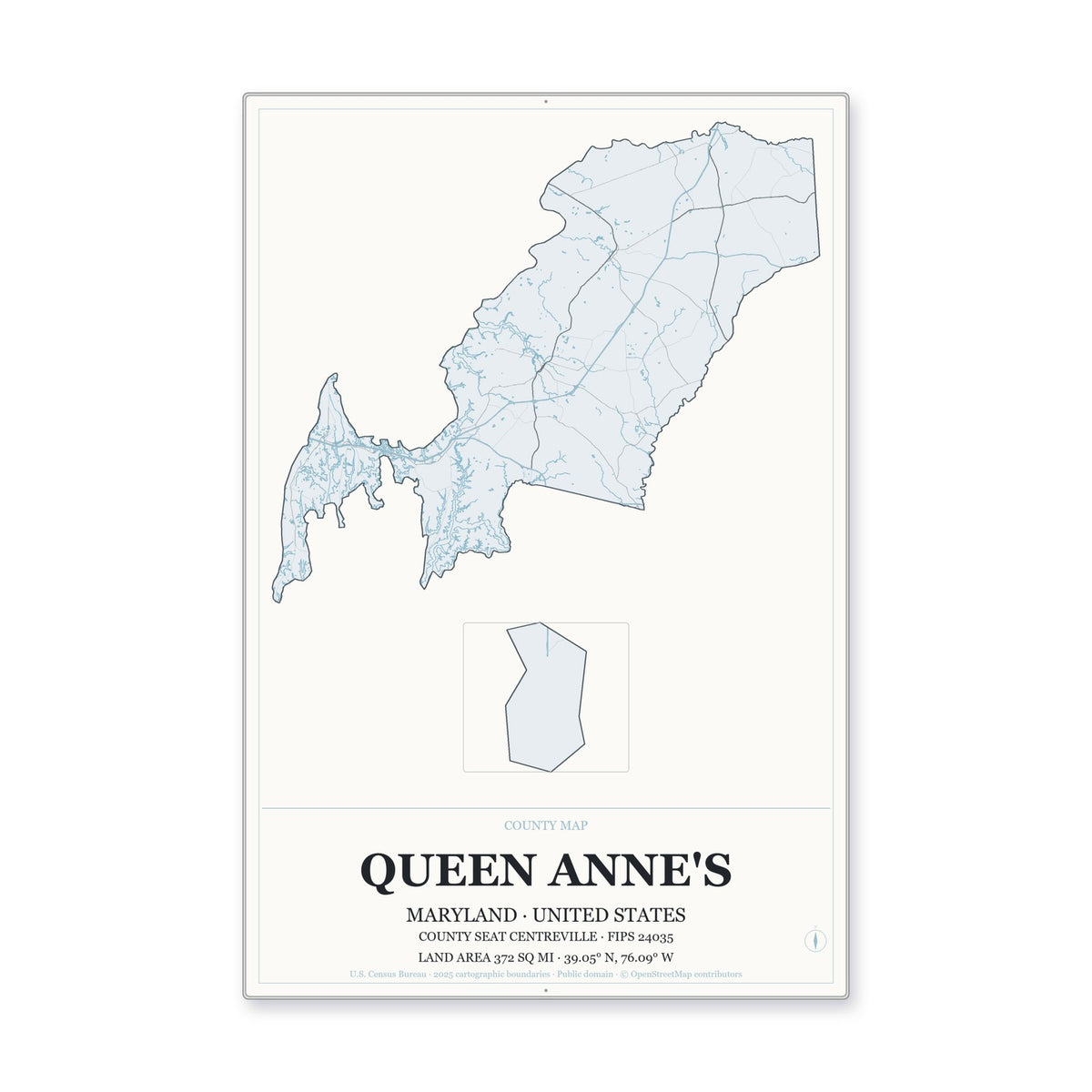 Queen Anne's County, Maryland Map Aluminum Sign in Gallery Air style