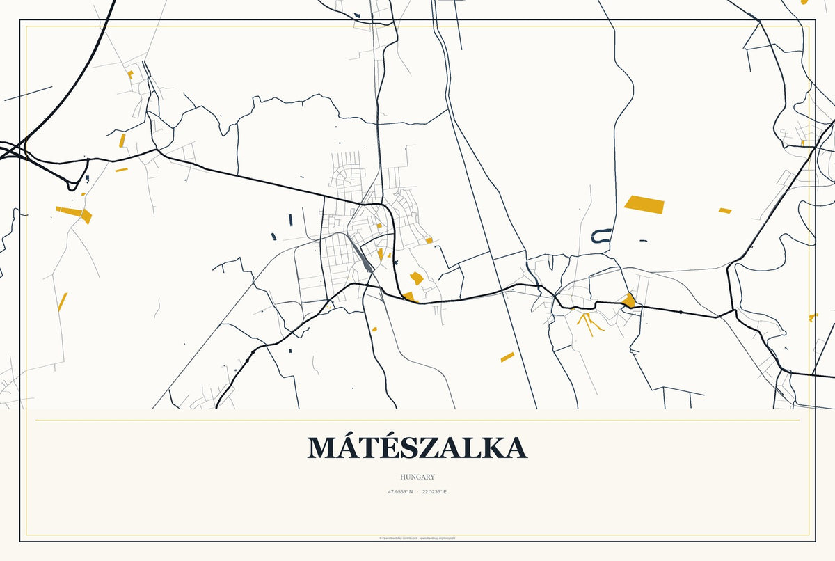 Mátészalka, Hungary City Map Aluminum Sign in Citrine Modern style