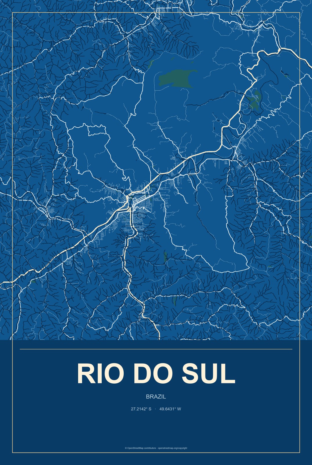 Rio do Sul, Brazil City Map Aluminum Sign in Harbor Cobalt style