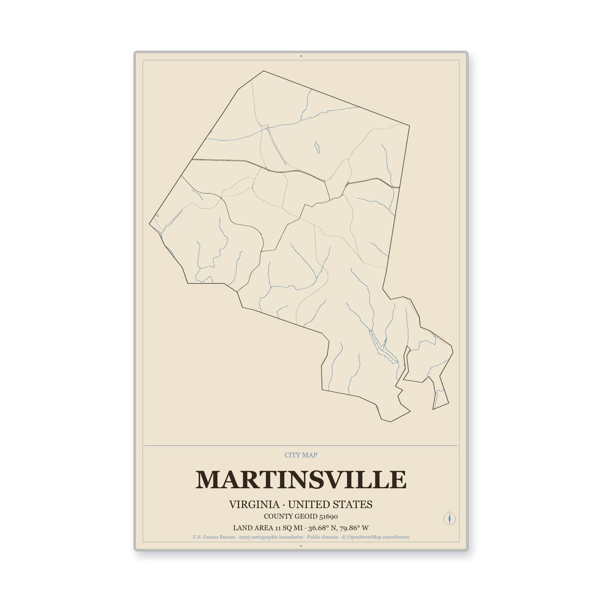 Martinsville city, Virginia Map Aluminum Sign in Heritage Nautical style
