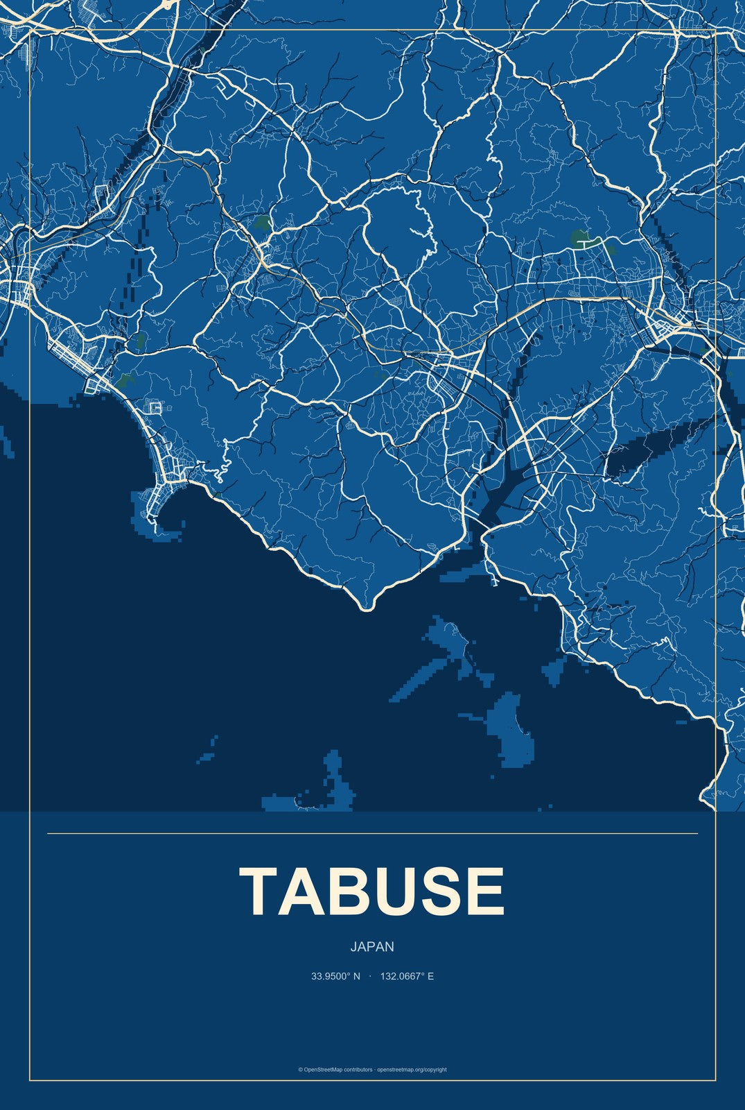 Tabuse, Japan City Map Aluminum Sign in Harbor Cobalt style