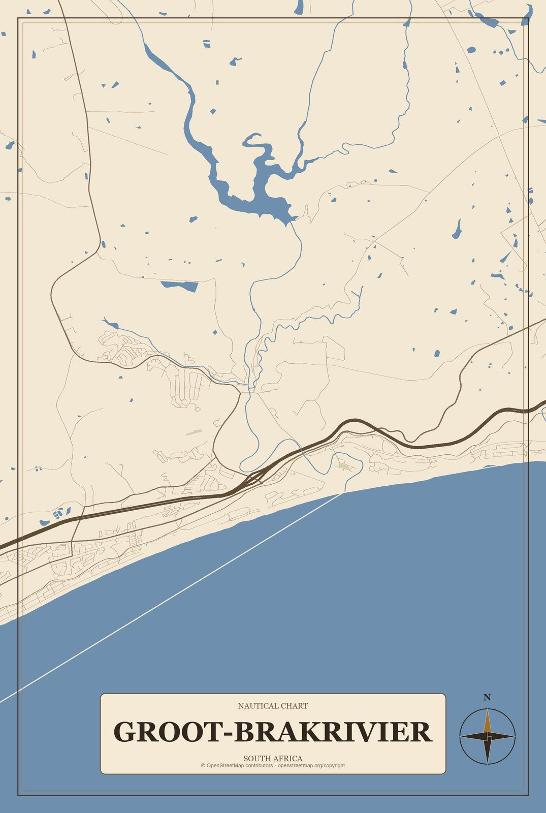 Groot-Brakrivier, South Africa City Map Aluminum Sign in Heritage Nautical style