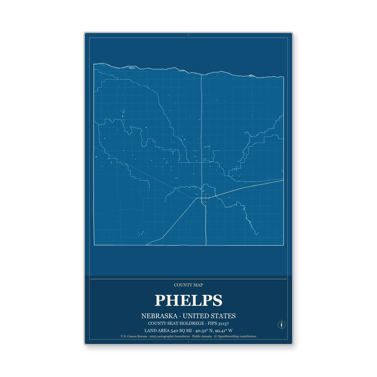 Phelps County, Nebraska Map Aluminum Sign in Harbor Cobalt style