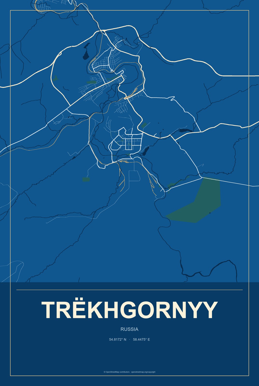 Trëkhgornyy, Russia City Map Aluminum Sign in Harbor Cobalt style