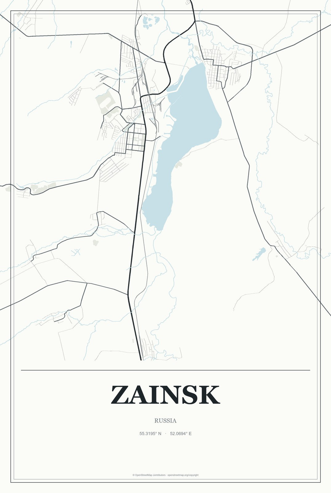 Zainsk, Russia City Map Aluminum Sign in Gallery Air style