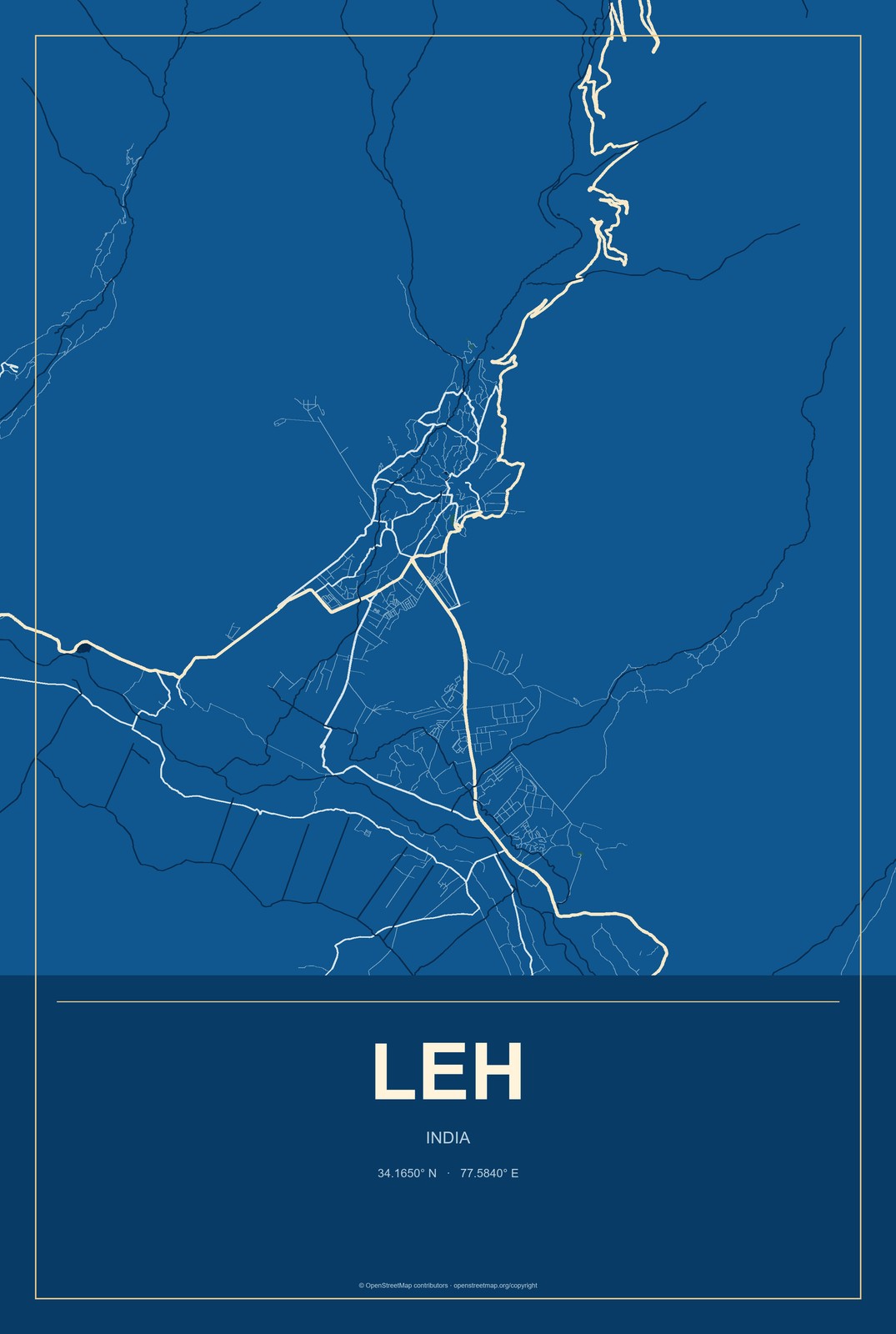 Leh, India City Map Aluminum Sign in Harbor Cobalt style