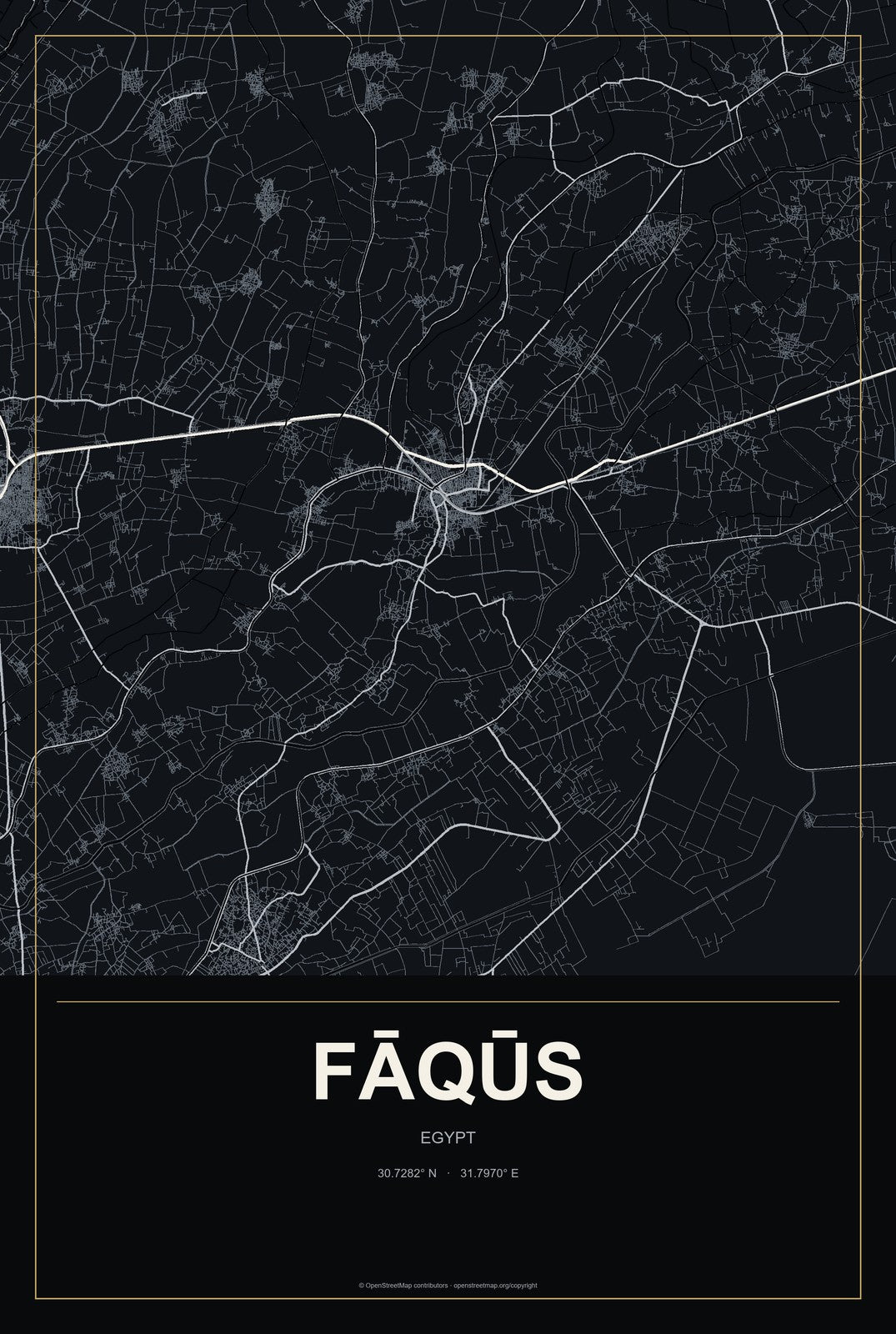 Fāqūs, Egypt City Map Aluminum Sign in Metropolitan Noir style