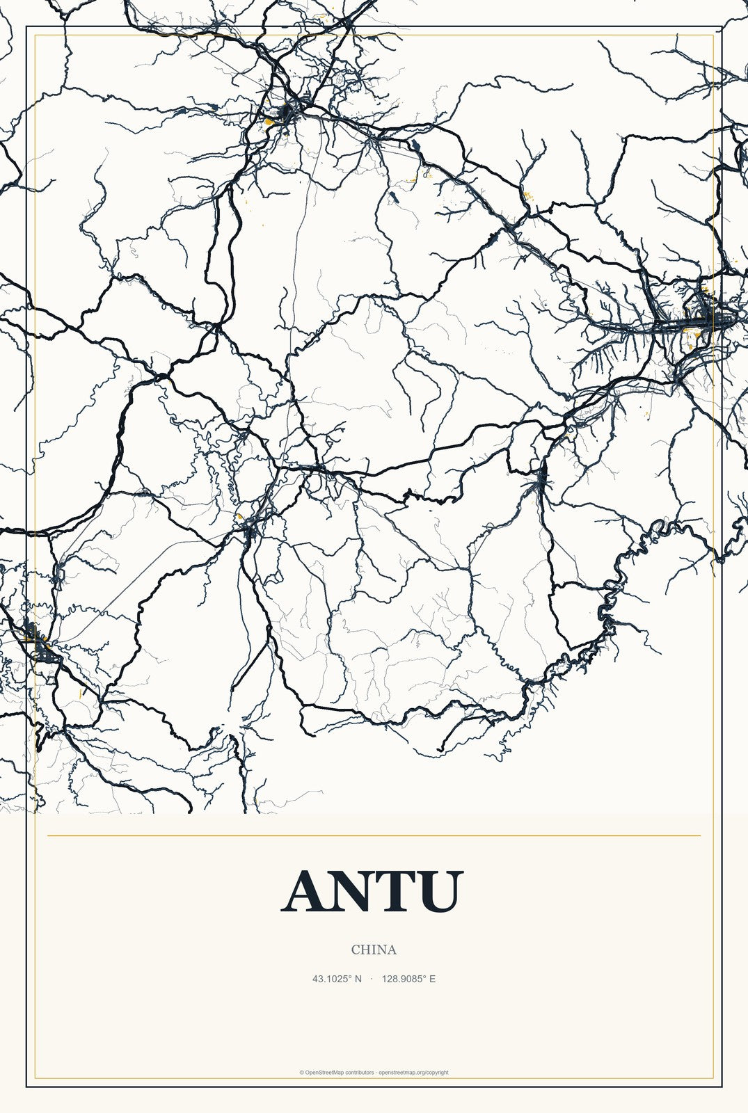 Antu, China City Map Aluminum Sign in Citrine Modern style