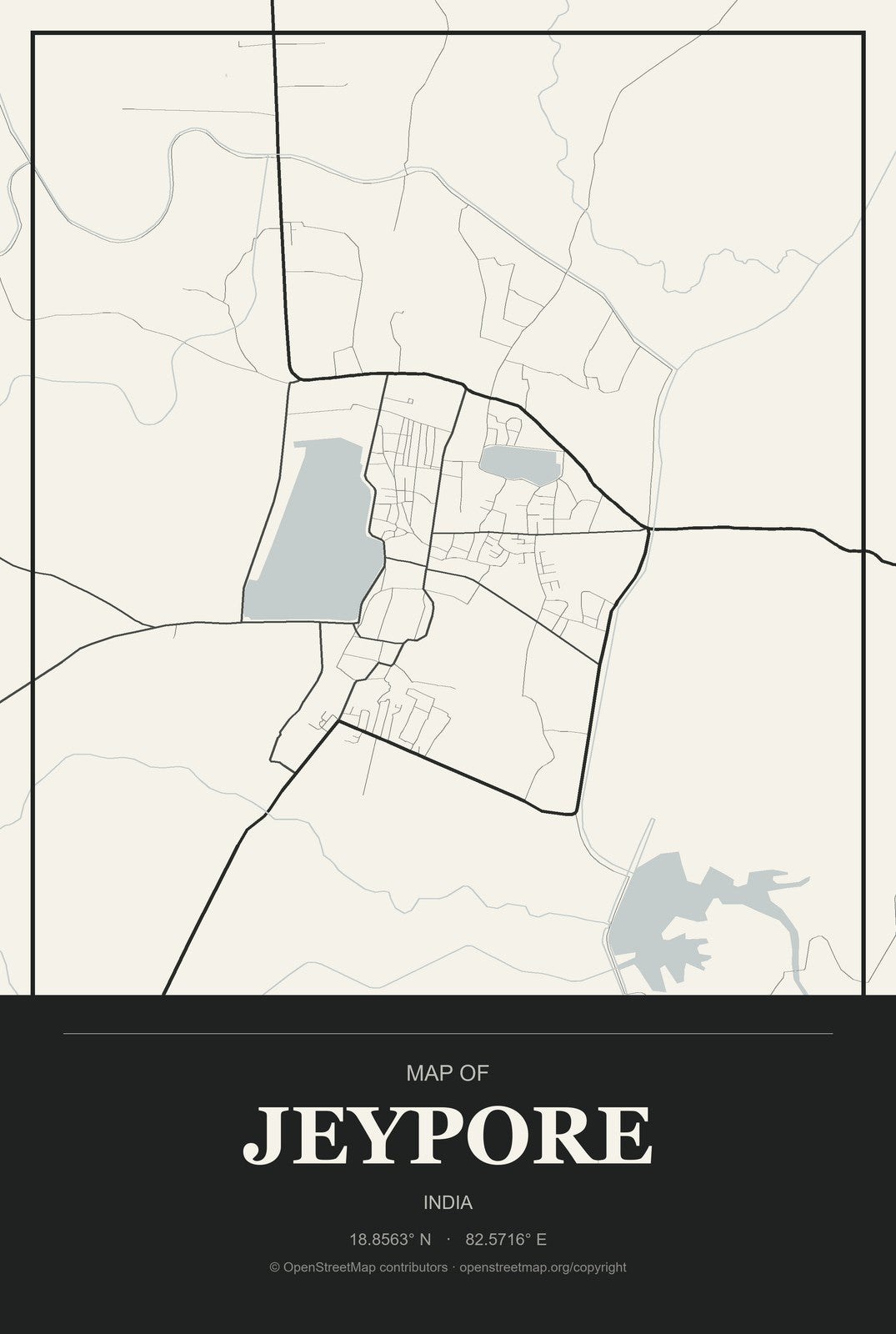 Jeypore, India City Map Aluminum Sign in Museum Plaque style