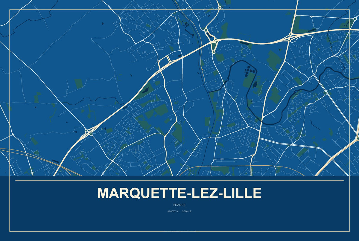 Marquette-lez-Lille, France City Map Aluminum Sign in Harbor Cobalt style
