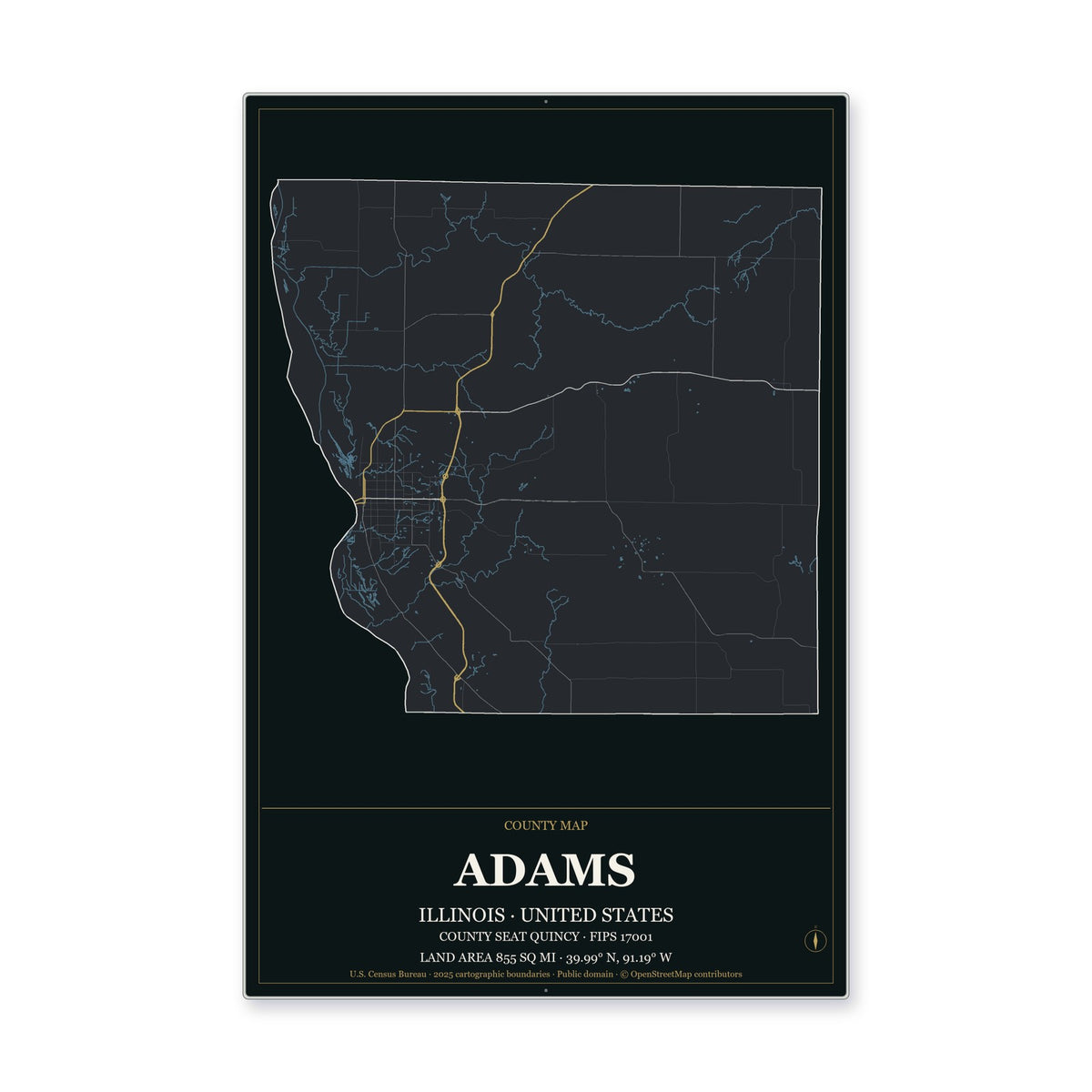 Adams County, Illinois Map Aluminum Sign in Metropolitan Noir style