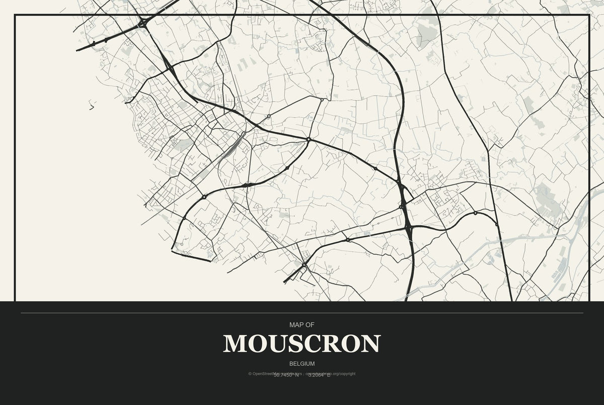 Mouscron, Belgium City Map Aluminum Sign in Museum Plaque style