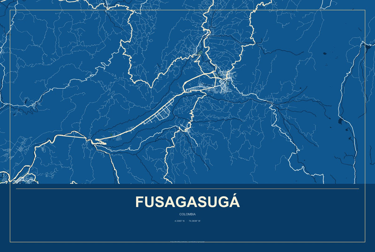 Fusagasugá, Colombia City Map Aluminum Sign in Harbor Cobalt style