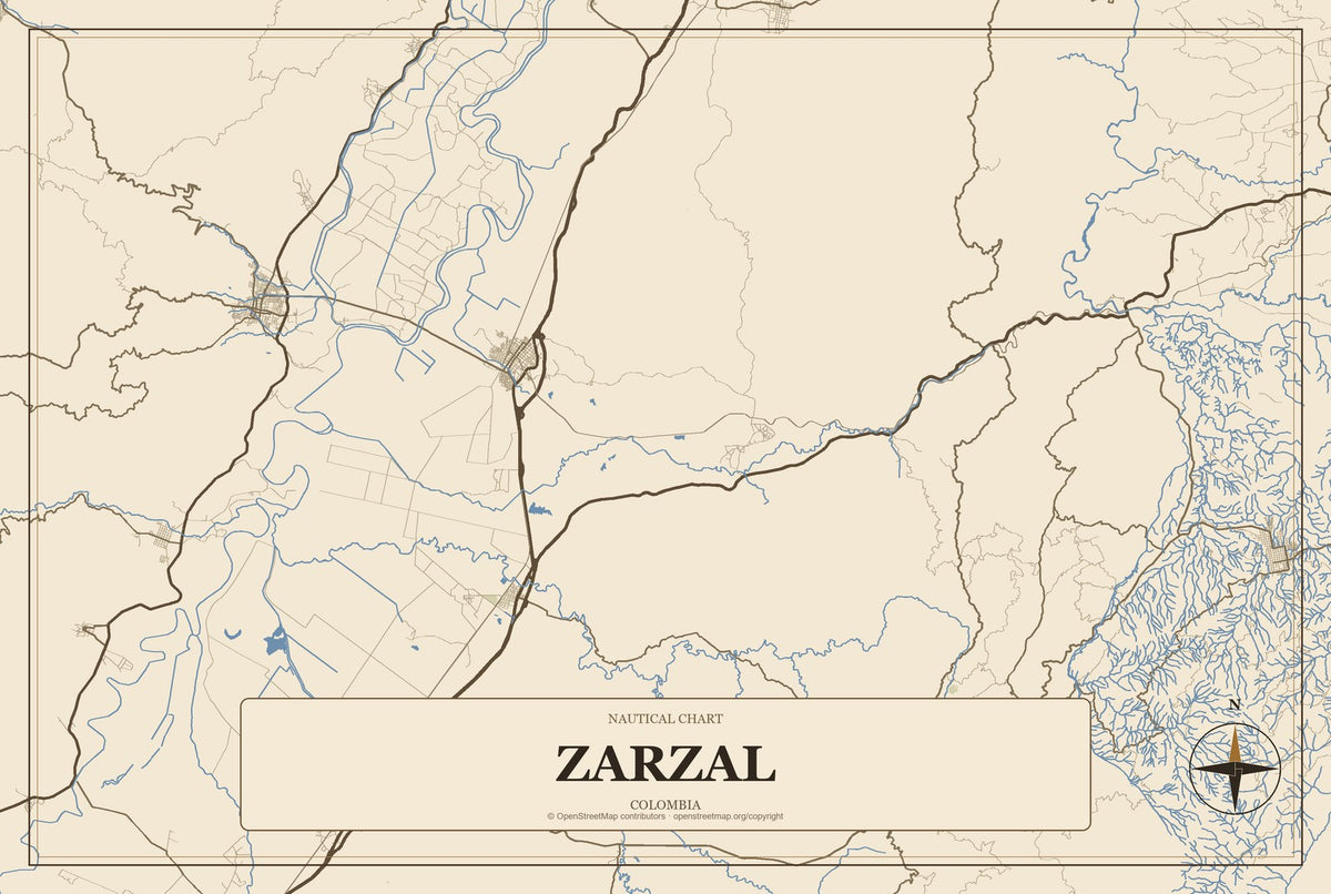 Zarzal, Colombia City Map Aluminum Sign in Heritage Nautical style