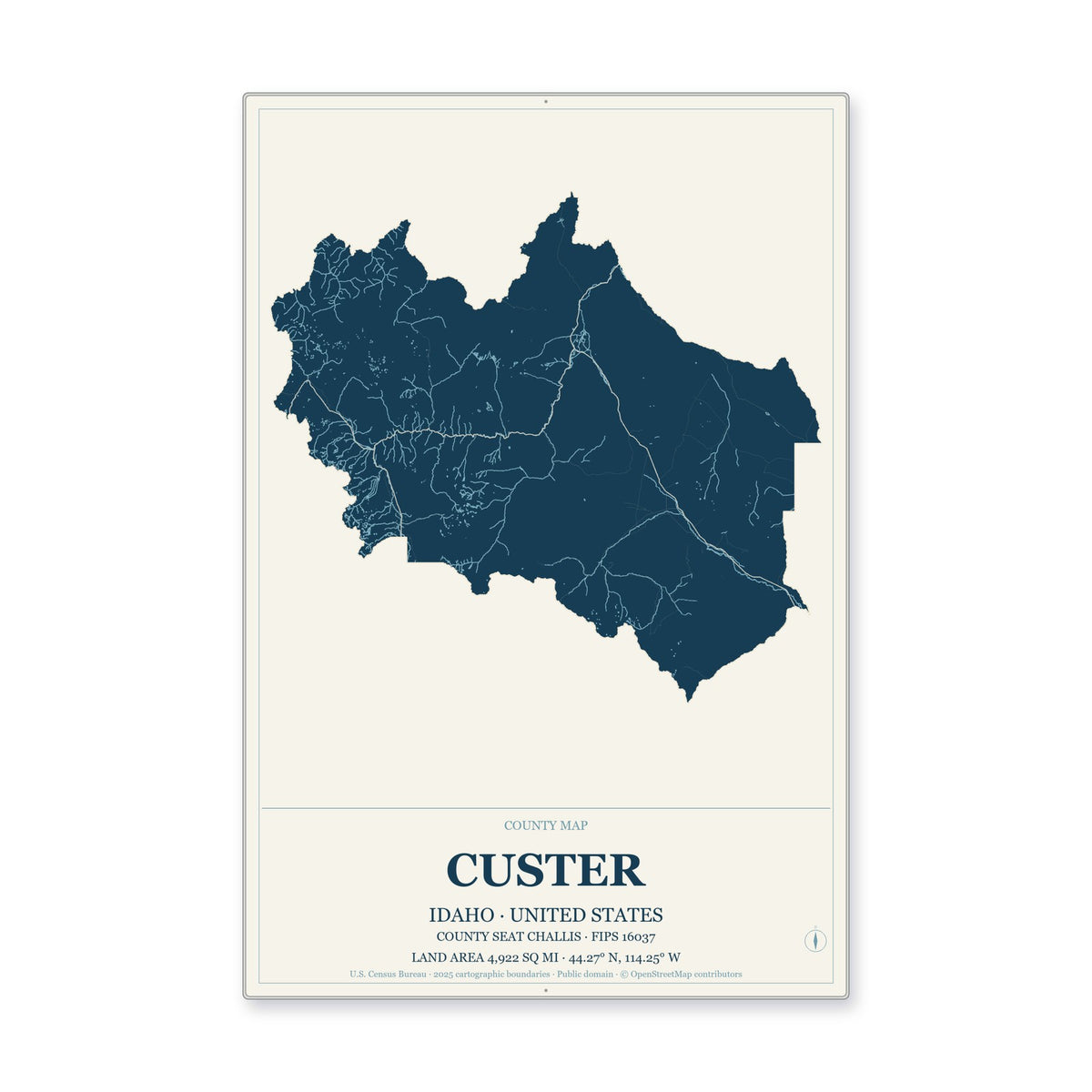 Custer County, Idaho Map Aluminum Sign in Coastal Cutout style