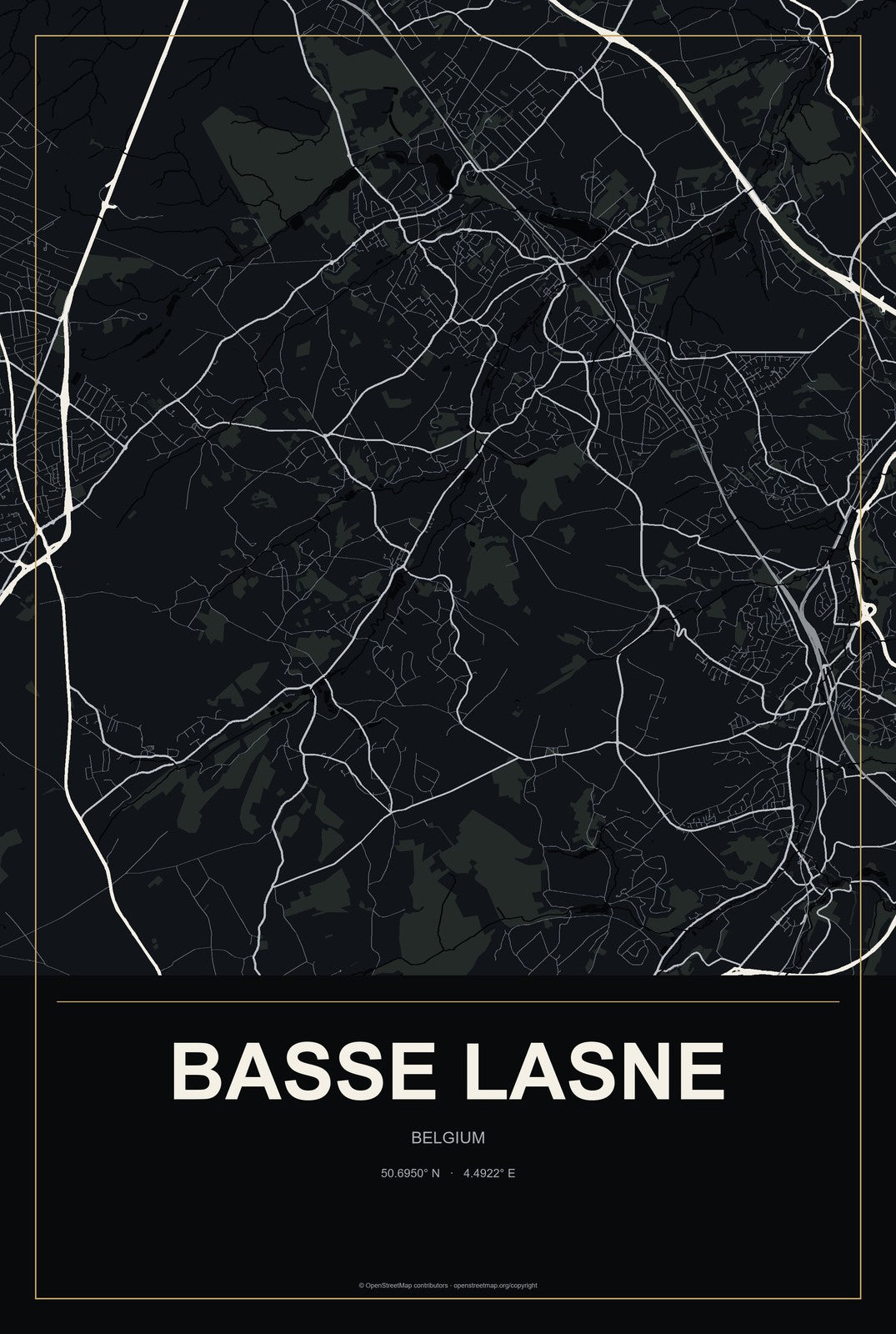 Basse Lasne, Belgium City Map Aluminum Sign in Metropolitan Noir style