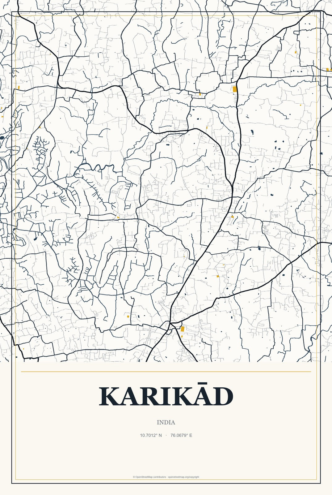 Karikād, India City Map Aluminum Sign in Citrine Modern style