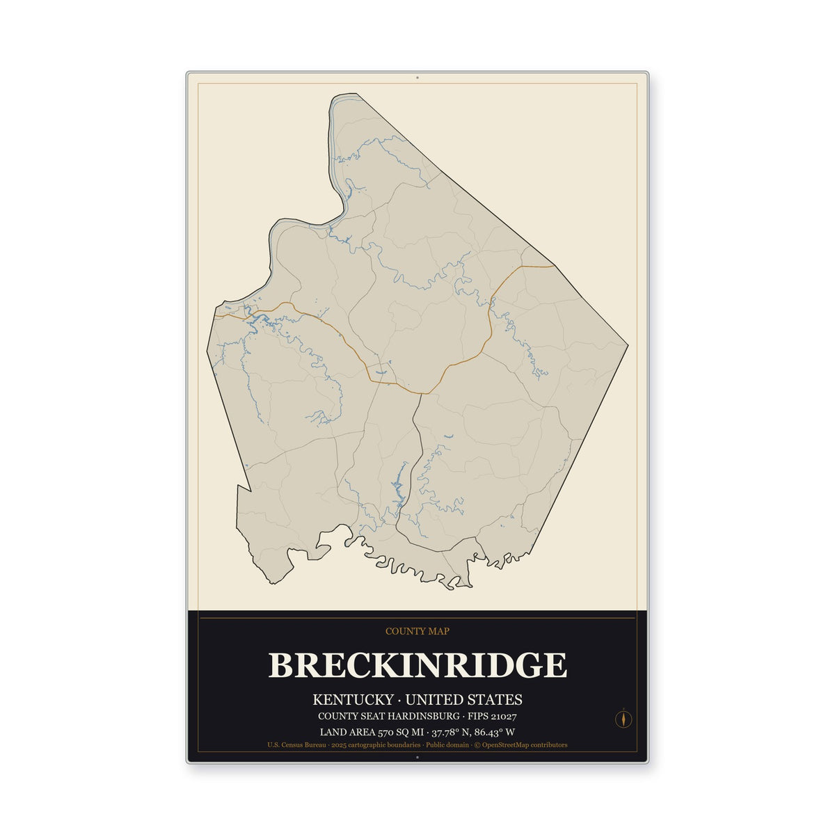 Breckinridge County, Kentucky Map Aluminum Sign in Museum Plaque style