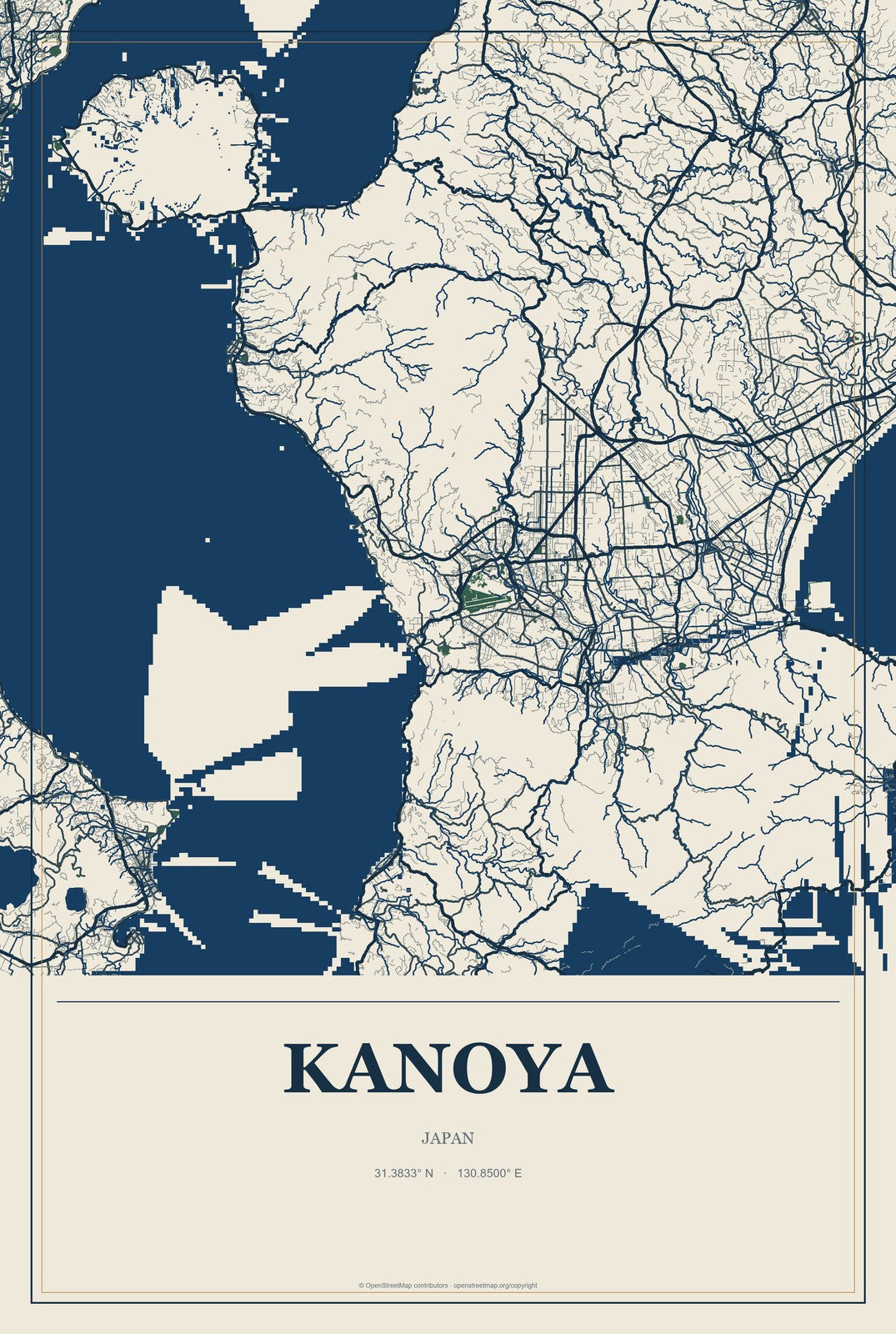 Kanoya, Japan City Map Aluminum Sign in Coastal Cutout style