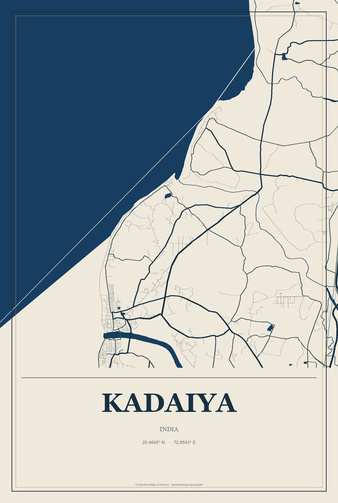 Kadaiya, India City Map Aluminum Sign in Coastal Cutout style