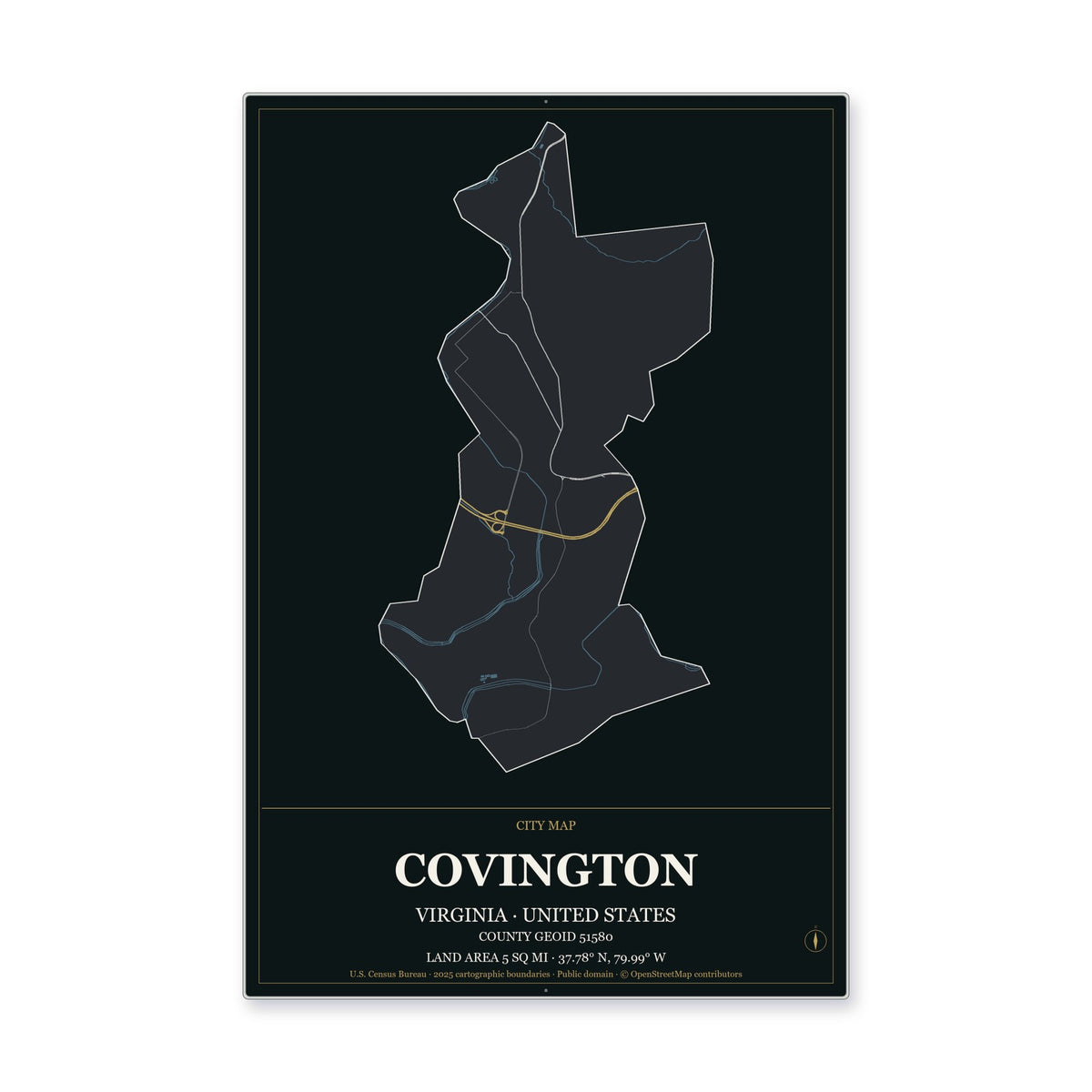 Covington city, Virginia Map Aluminum Sign in Metropolitan Noir style