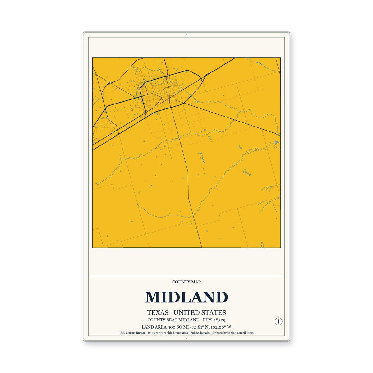 Midland County, Texas Map Aluminum Sign in Citrine Modern style