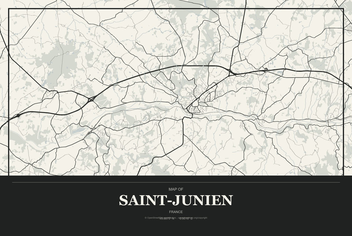 Saint-Junien, France City Map Aluminum Sign in Museum Plaque style