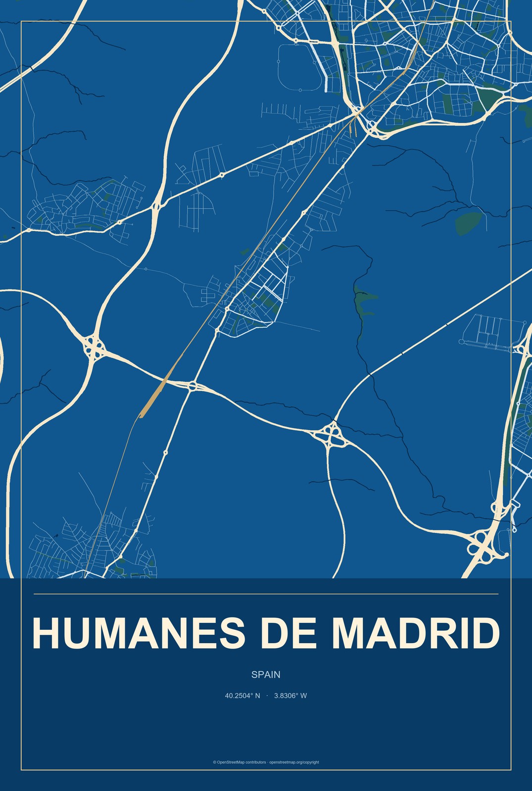 Humanes de Madrid, Spain City Map Aluminum Sign in Harbor Cobalt style