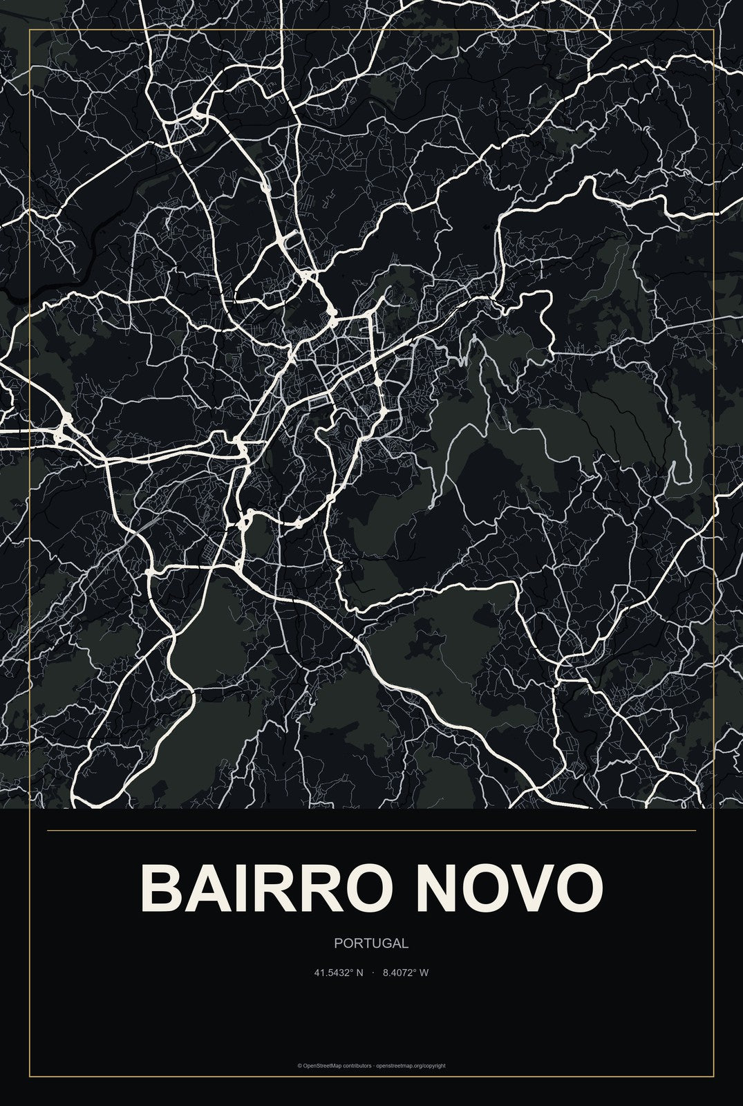 Bairro Novo, Portugal City Map Aluminum Sign in Metropolitan Noir style