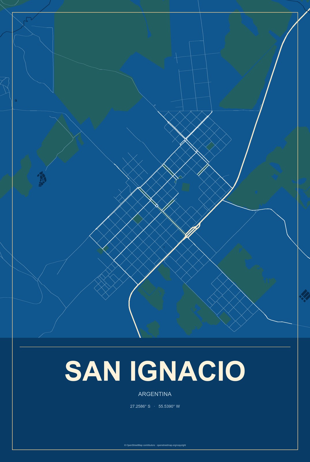 San Ignacio, Argentina City Map Aluminum Sign in Harbor Cobalt style