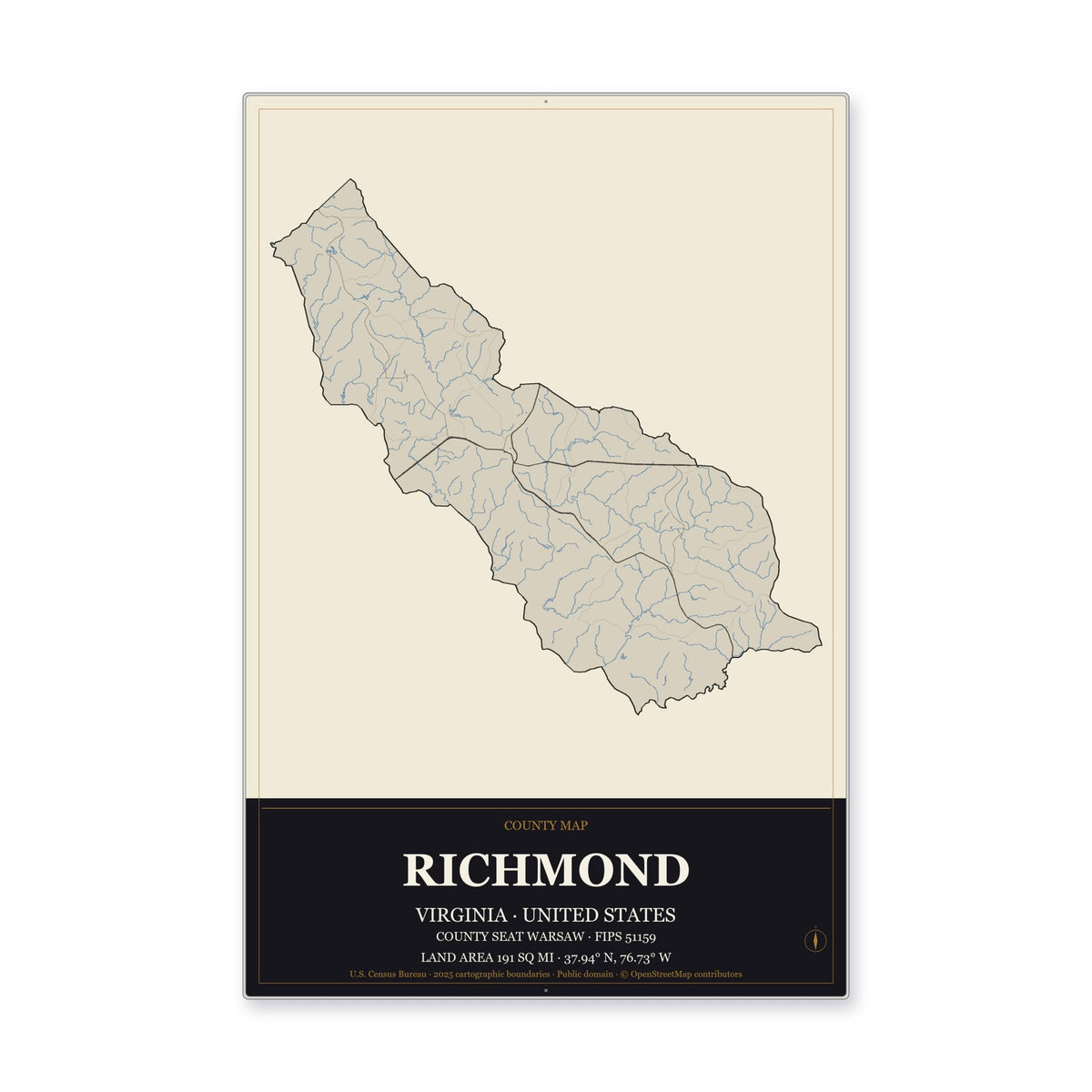 Richmond County, Virginia Map Aluminum Sign in Museum Plaque style