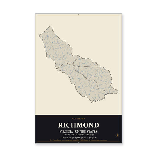Richmond County, Virginia Map Aluminum Sign in Museum Plaque style