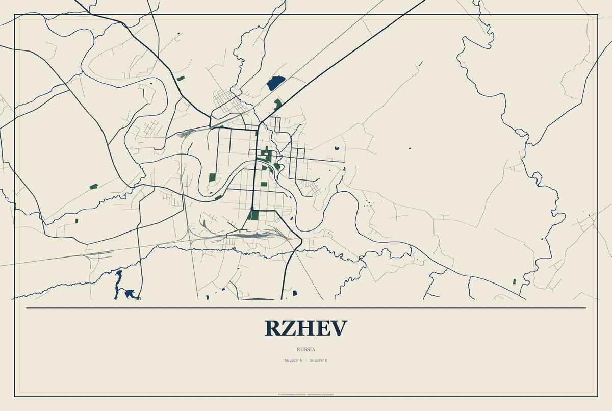 Rzhev, Russia City Map Aluminum Sign in Coastal Cutout style