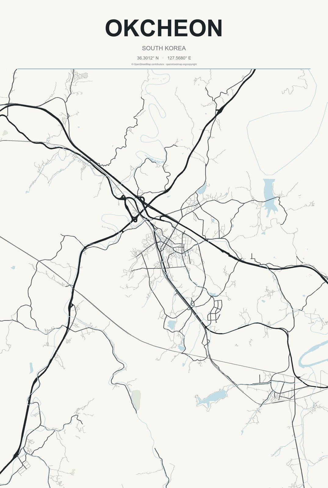 Okcheon, South Korea City Map Aluminum Sign in Headline Atlas style