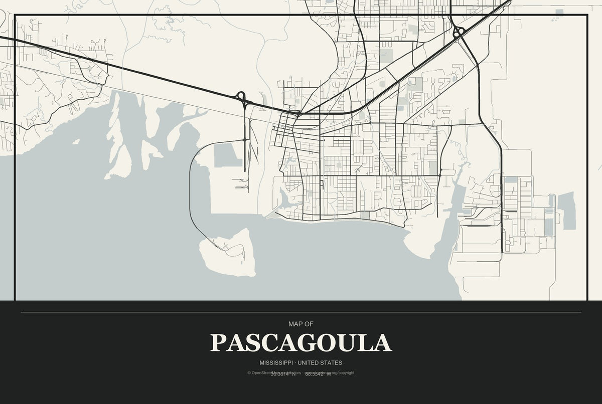 Pascagoula, Mississippi City Map Aluminum Sign in Museum Plaque style